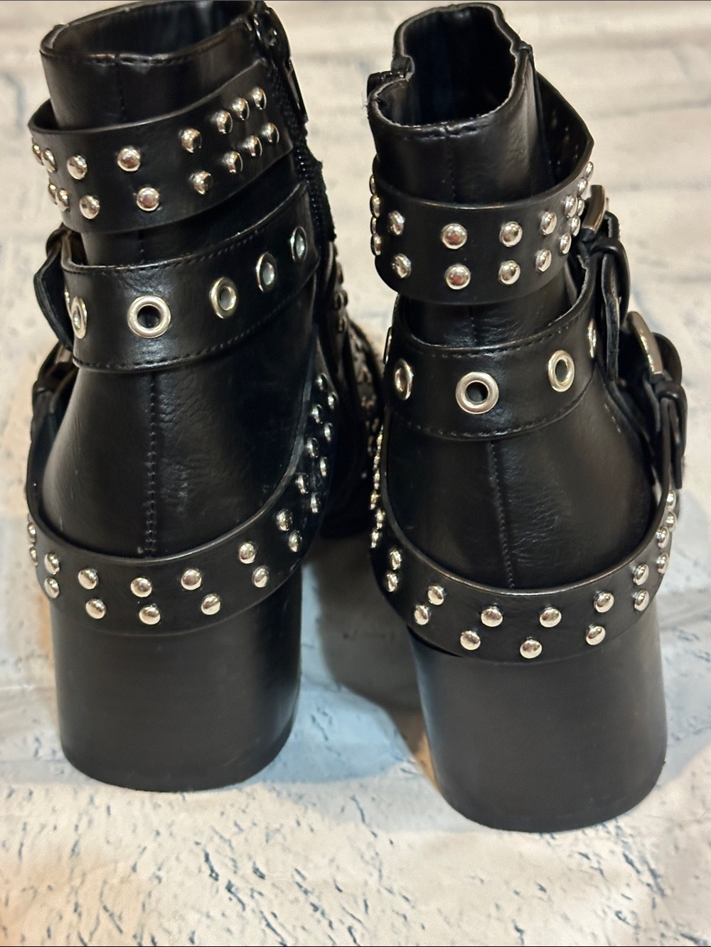 Fergalicious Studded Black Leather Ankle Boots with Buckle Straps - Picture 9 of 10